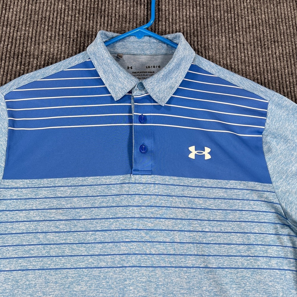 Under Armour Polo Shirt Mens Large Blue Striped Short Sleeve Loose Fit Golf
